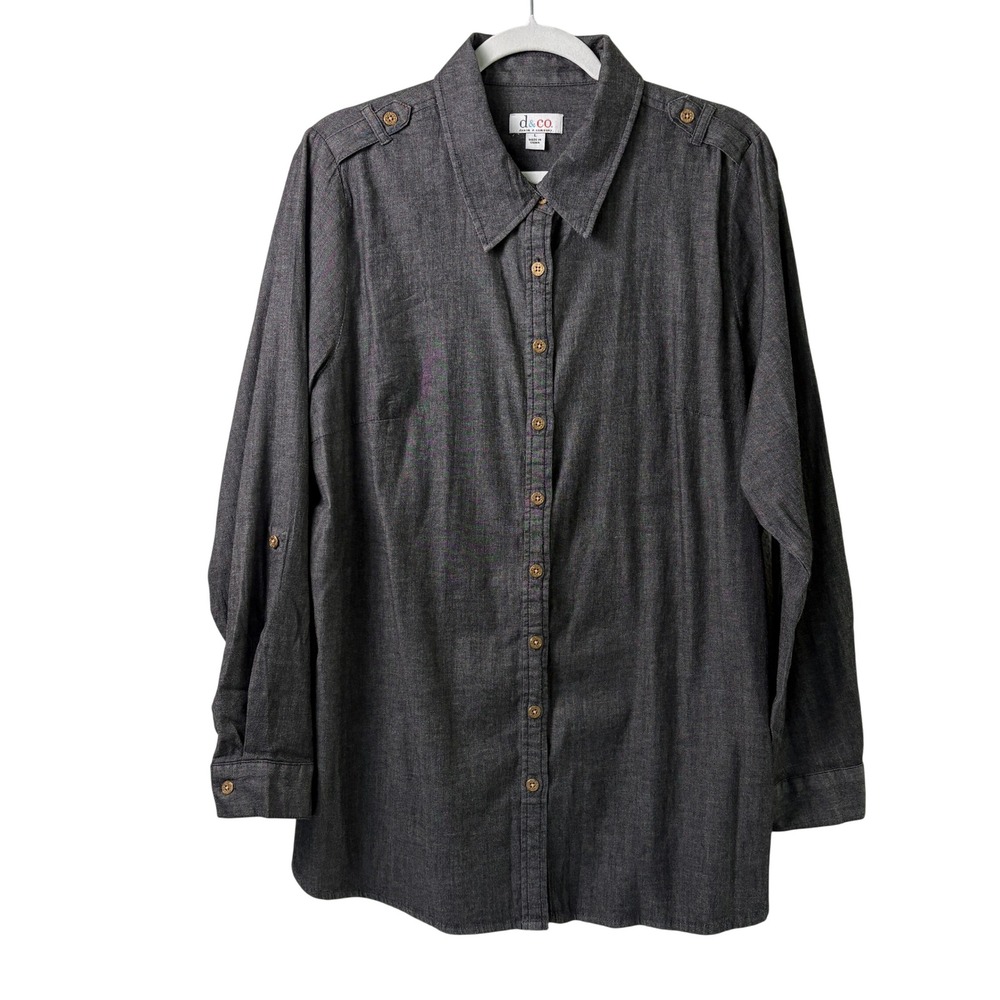 Denim & Co Button Down Tunic Top Womens L‎ Black Roll Tab Sleeve Shirt A213037